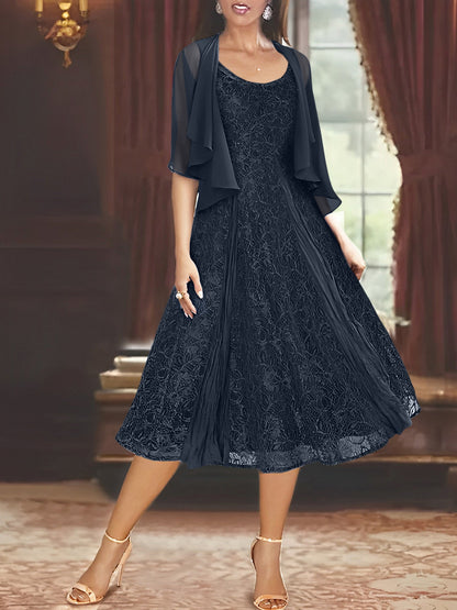 A-Line Scoop Half Sleeves Tea-Length Mother of the Bride Dress