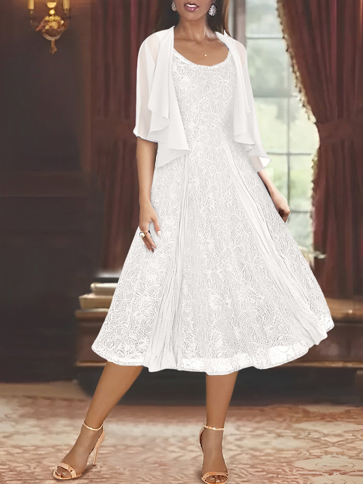 A-Line Scoop Half Sleeves Tea-Length Mother of the Bride Dress