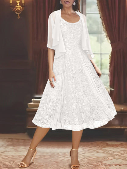 A-Line Scoop Half Sleeves Tea-Length Mother of the Bride Dress