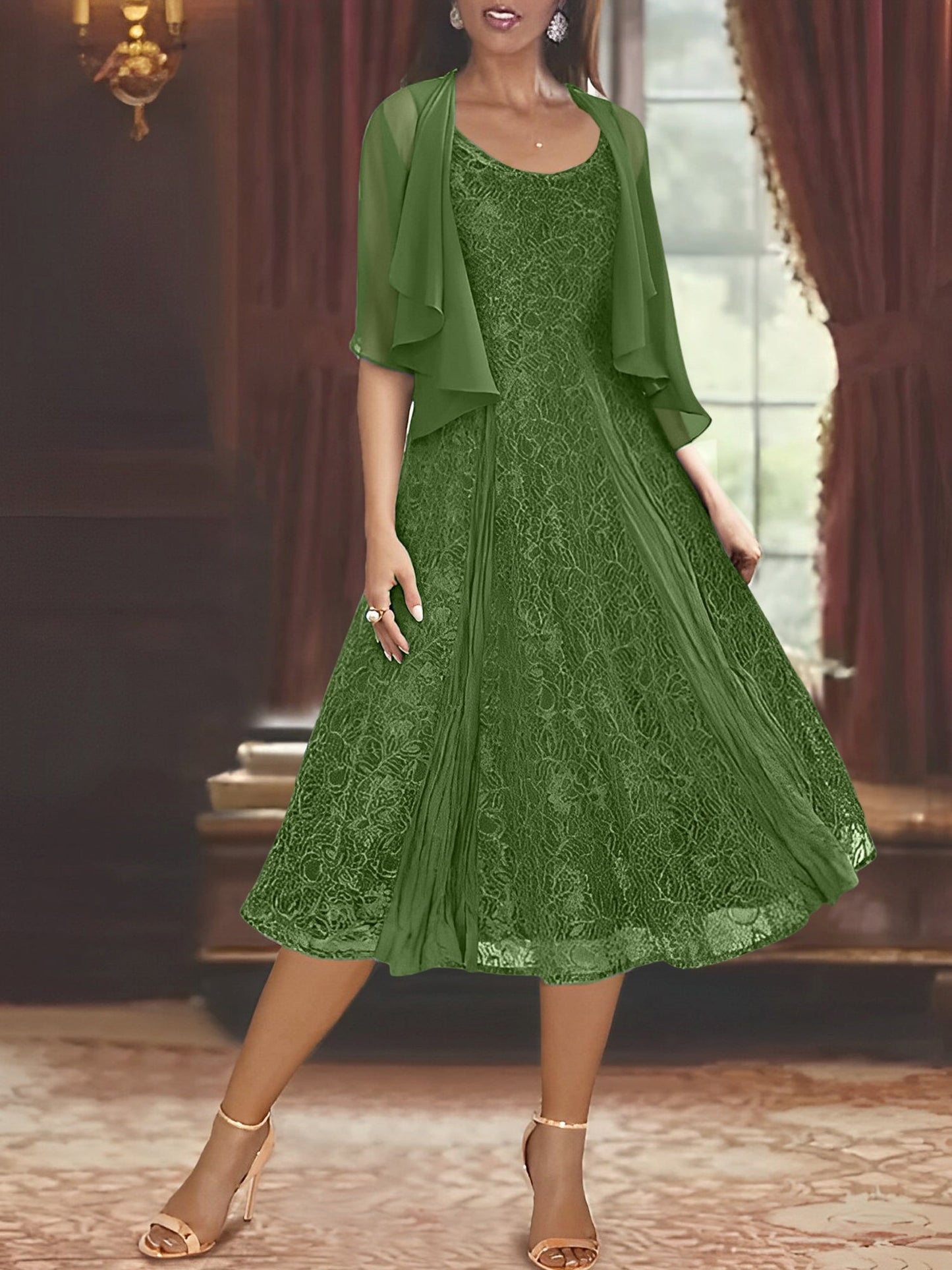 A-Line Scoop Half Sleeves Tea-Length Mother of the Bride Dress