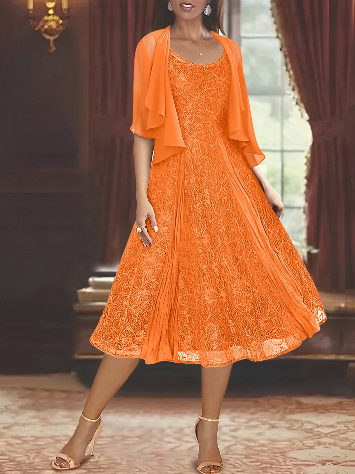 A-Line Scoop Half Sleeves Tea-Length Mother of the Bride Dress