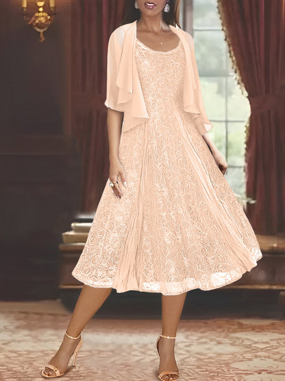 A-Line Scoop Half Sleeves Tea-Length Mother of the Bride Dress