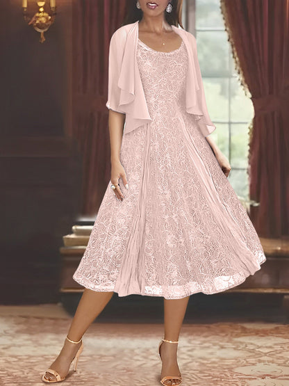 A-Line Scoop Half Sleeves Tea-Length Mother of the Bride Dress