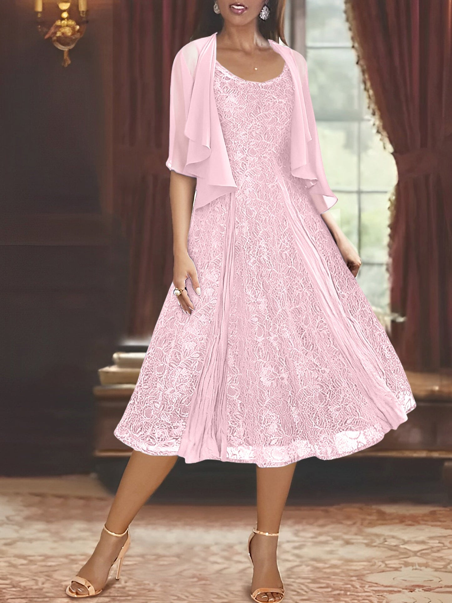A-Line Scoop Half Sleeves Tea-Length Mother of the Bride Dress