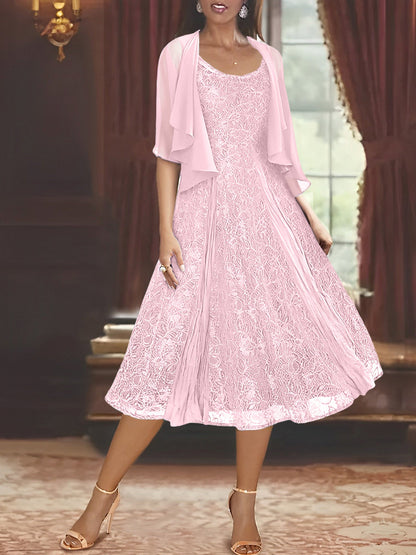 A-Line Scoop Half Sleeves Tea-Length Mother of the Bride Dress