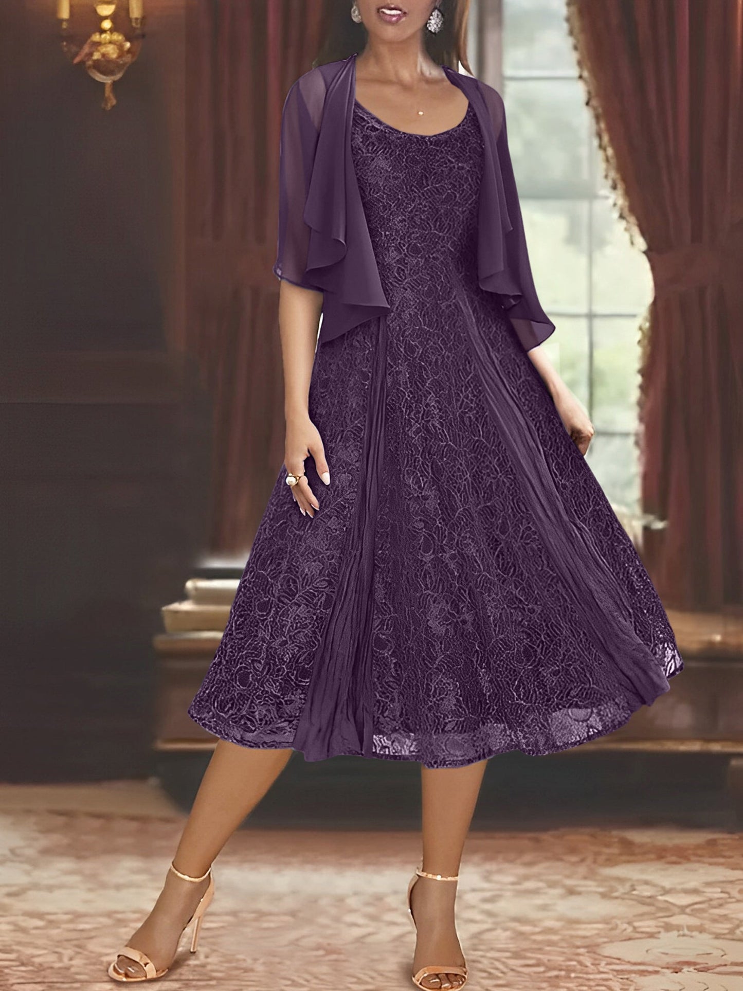 A-Line Scoop Half Sleeves Tea-Length Mother of the Bride Dress