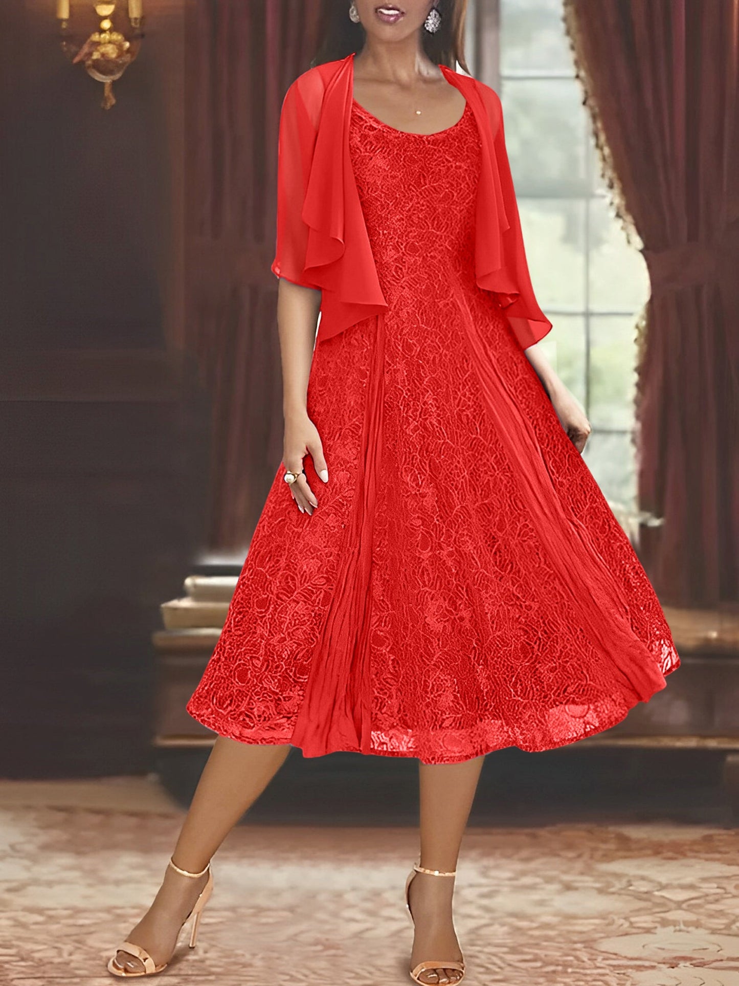 A-Line Scoop Half Sleeves Tea-Length Mother of the Bride Dress