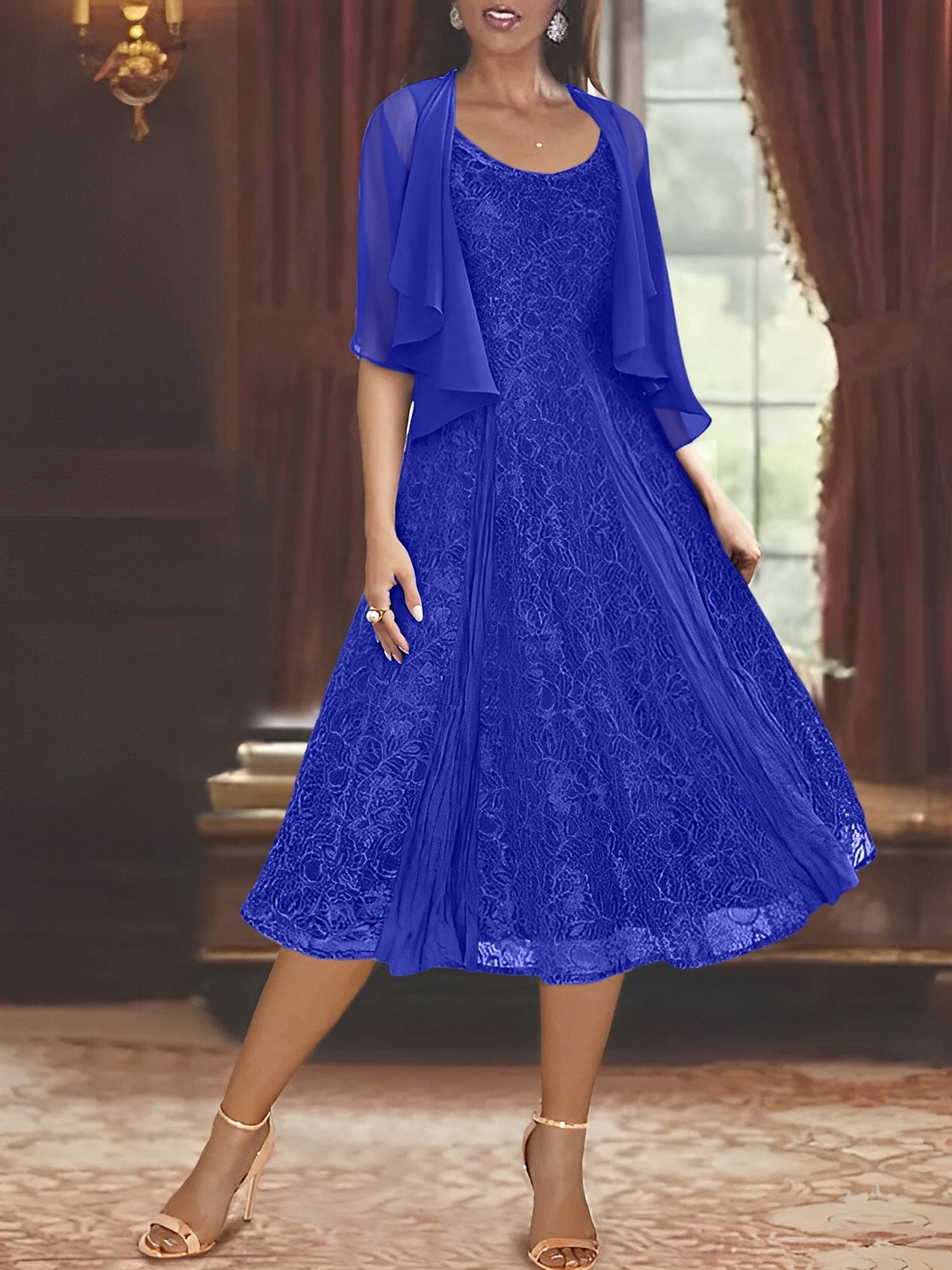 A-Line Scoop Half Sleeves Tea-Length Mother of the Bride Dress