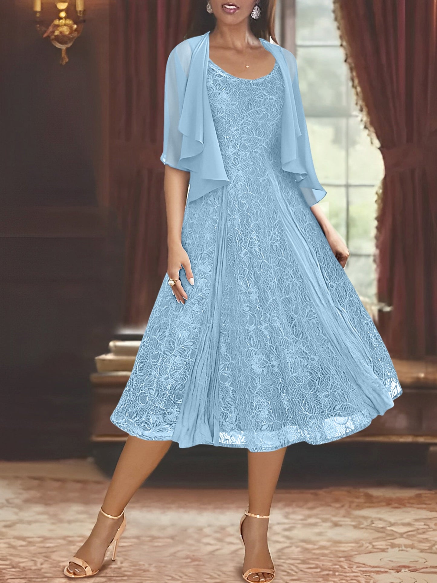 A-Line Scoop Half Sleeves Tea-Length Mother of the Bride Dress
