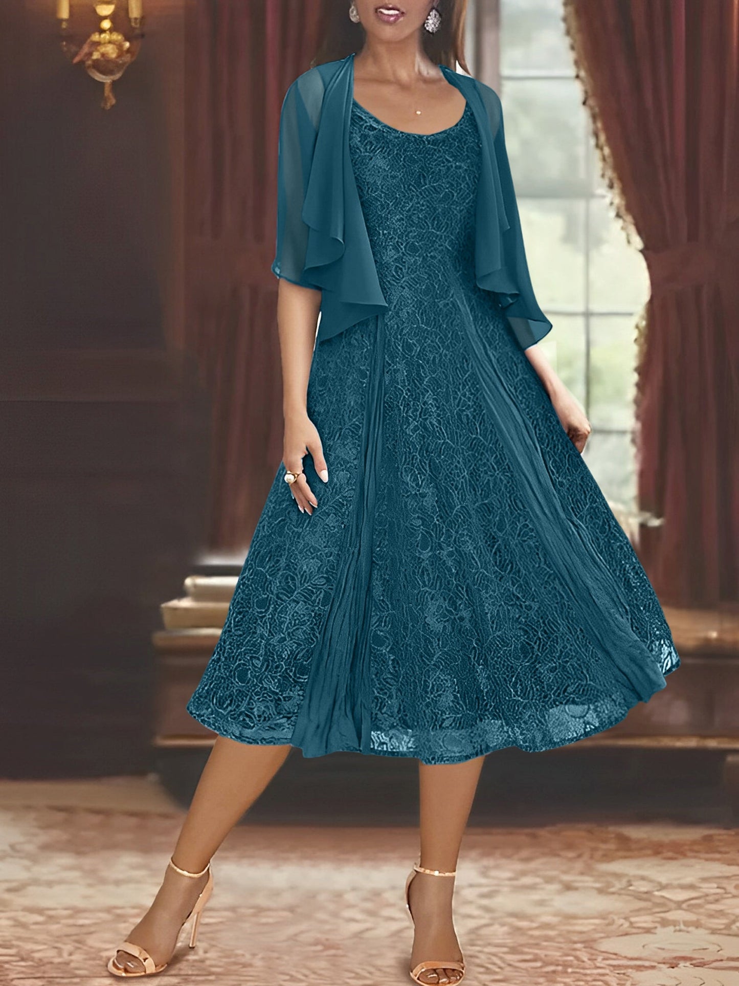 A-Line Scoop Half Sleeves Tea-Length Mother of the Bride Dress