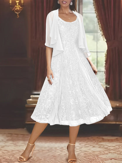 A-Line Scoop Half Sleeves Tea-Length Mother of the Bride Dress