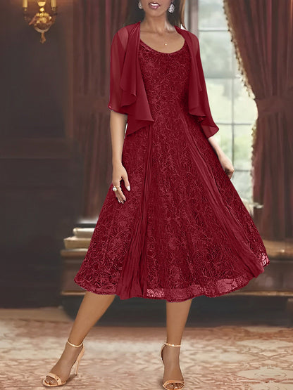 A-Line Scoop Half Sleeves Tea-Length Mother of the Bride Dress