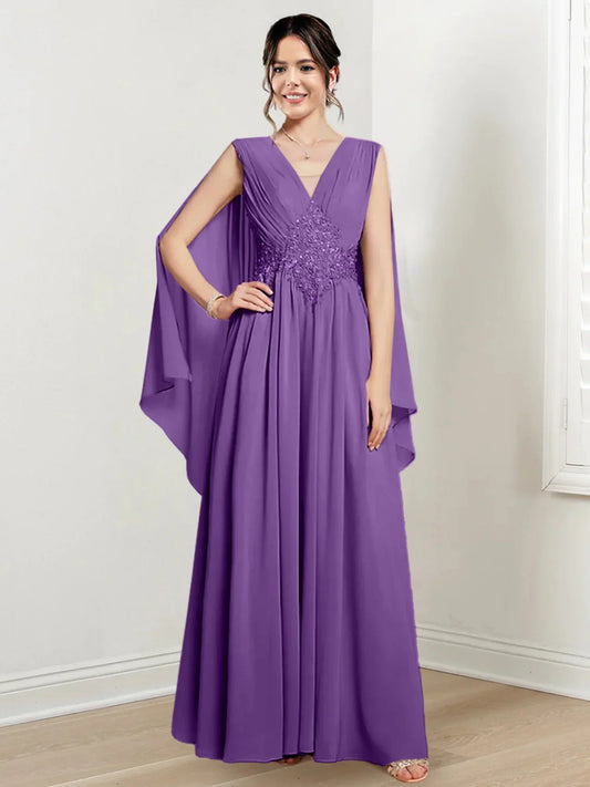 V-neck A-Line Shawl floor length mother of the bride dress