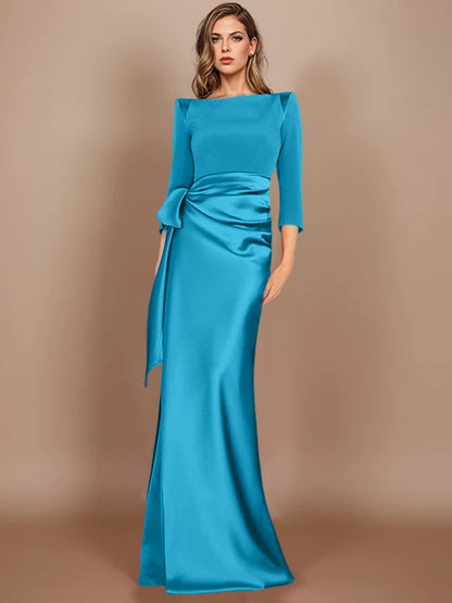 Column Scoop 3/4 Length Sleeves Floor-Length Mother of the Bride Dresses with Bow