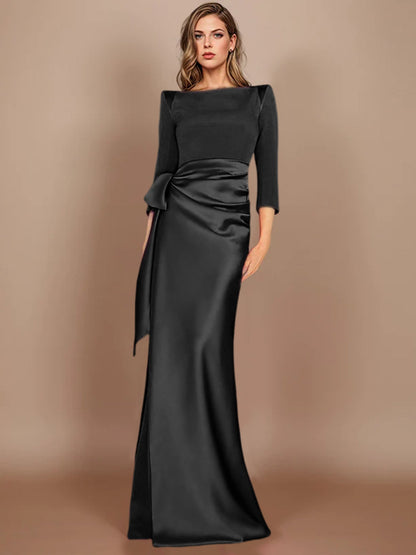 Column Scoop 3/4 Length Sleeves Floor-Length Mother of the Bride Dresses with Bow