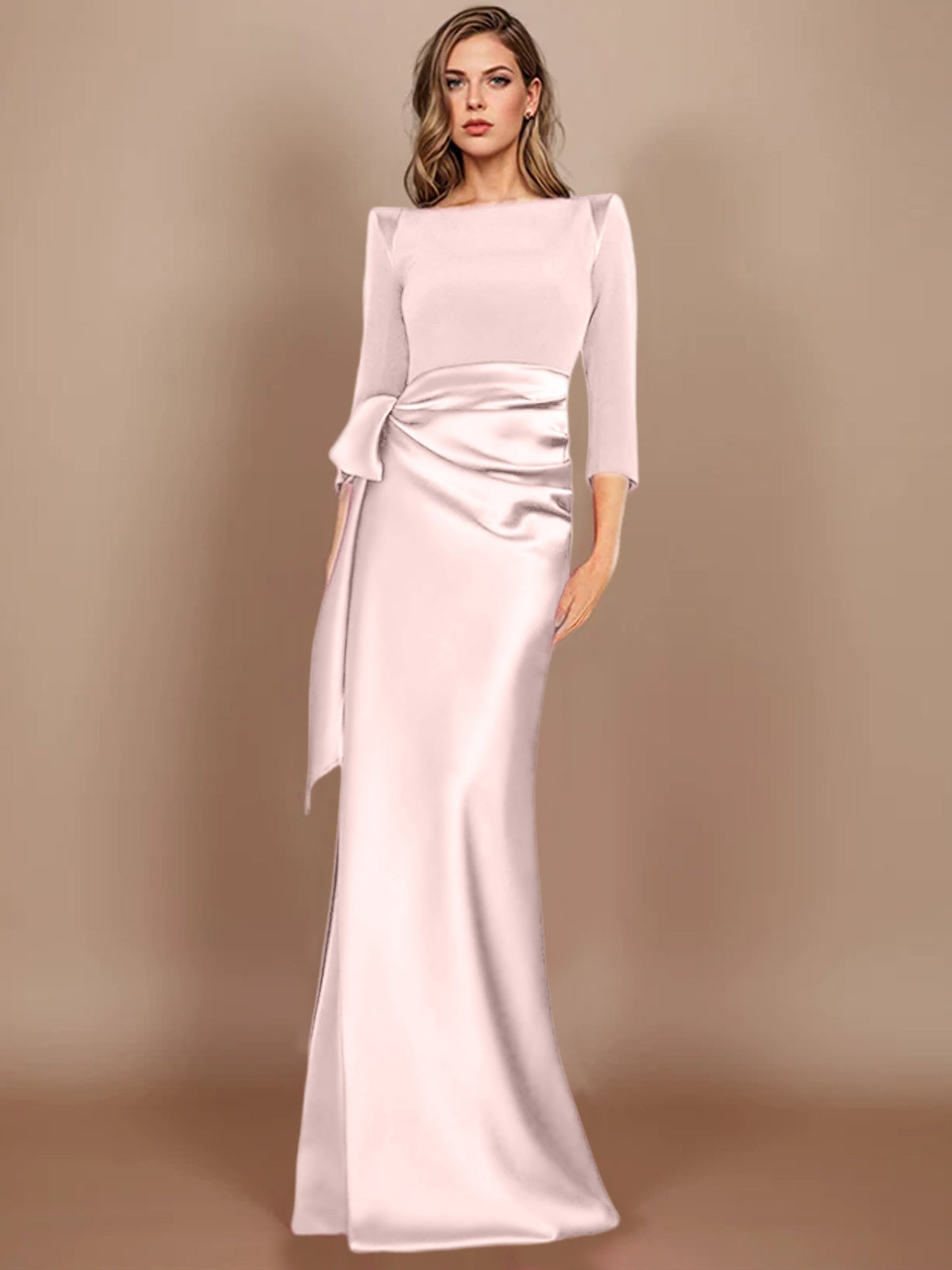 Column Scoop 3/4 Length Sleeves Floor-Length Mother of the Bride Dresses with Bow