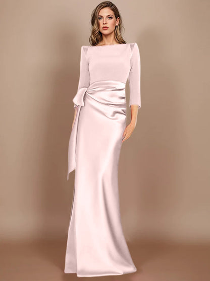 Column Scoop 3/4 Length Sleeves Floor-Length Mother of the Bride Dresses with Bow
