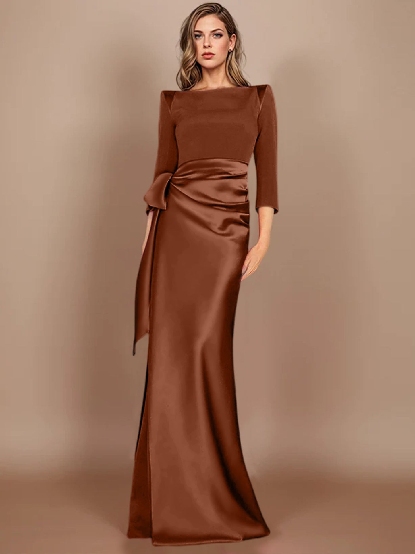 Column Scoop 3/4 Length Sleeves Floor-Length Mother of the Bride Dresses with Bow