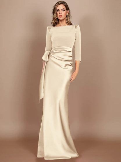 Column Scoop 3/4 Length Sleeves Floor-Length Mother of the Bride Dresses with Bow