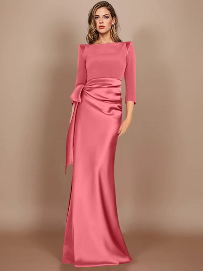 Column Scoop 3/4 Length Sleeves Floor-Length Mother of the Bride Dresses with Bow