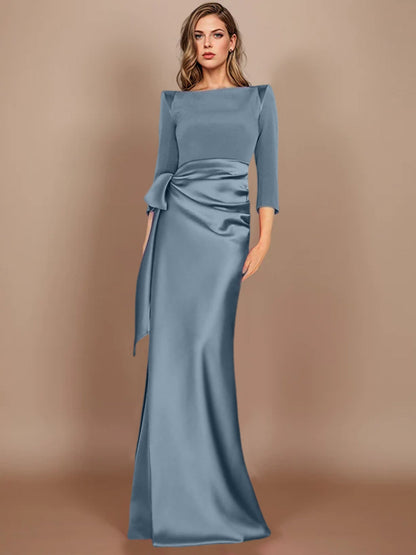 Column Scoop 3/4 Length Sleeves Floor-Length Mother of the Bride Dresses with Bow