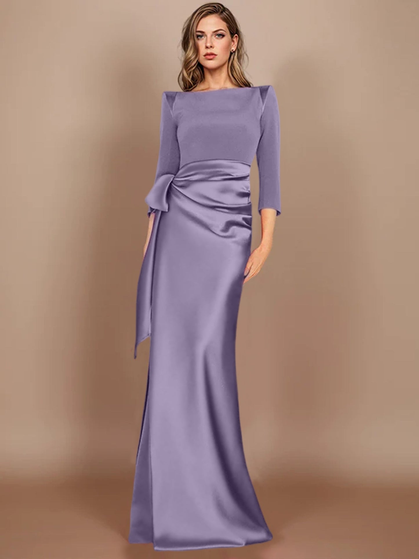 Column Scoop 3/4 Length Sleeves Floor-Length Mother of the Bride Dresses with Bow