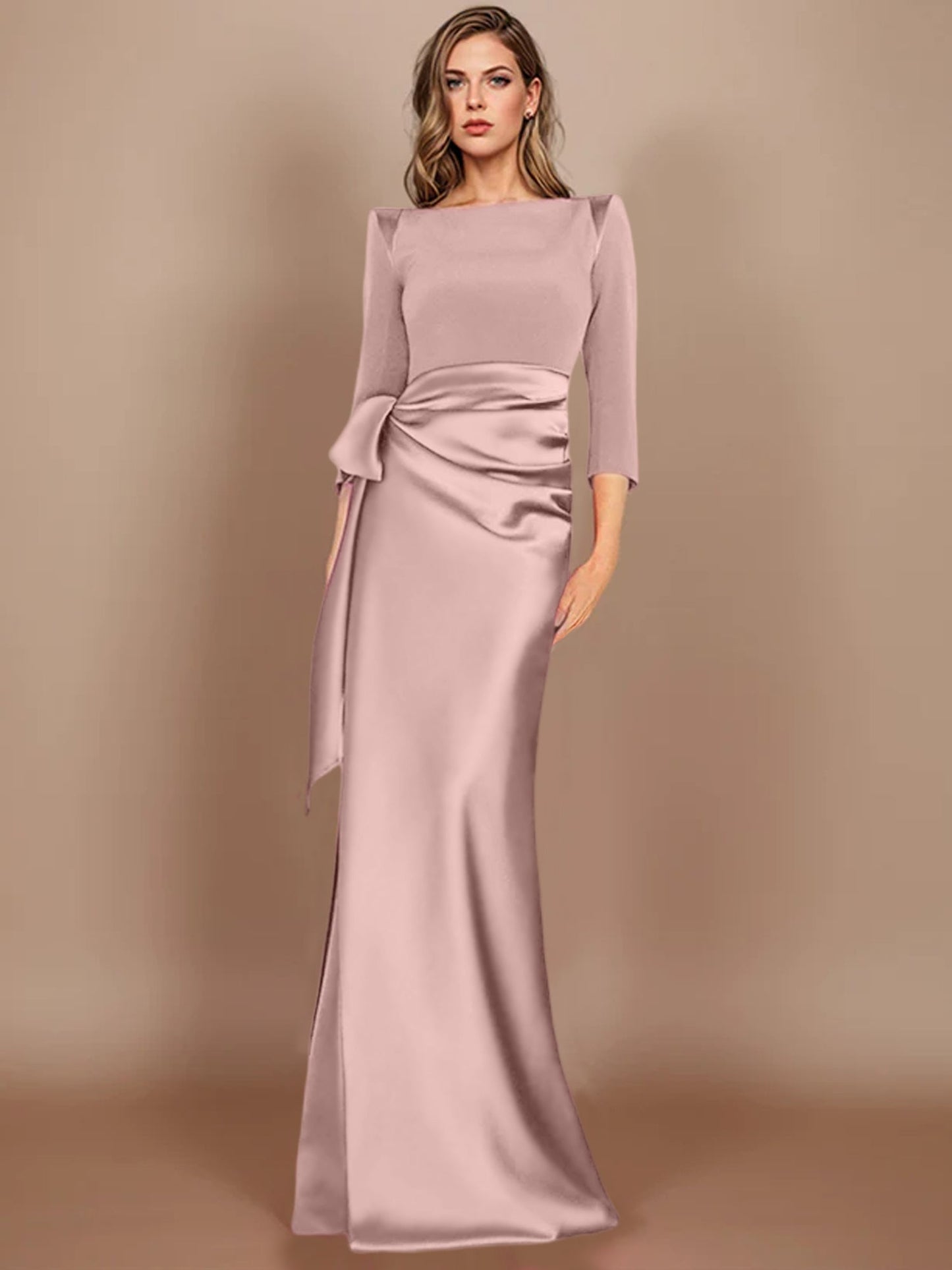 Column Scoop 3/4 Length Sleeves Floor-Length Mother of the Bride Dresses with Bow
