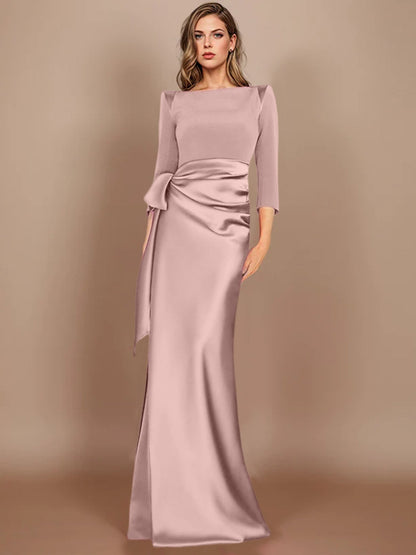 Column Scoop 3/4 Length Sleeves Floor-Length Mother of the Bride Dresses with Bow