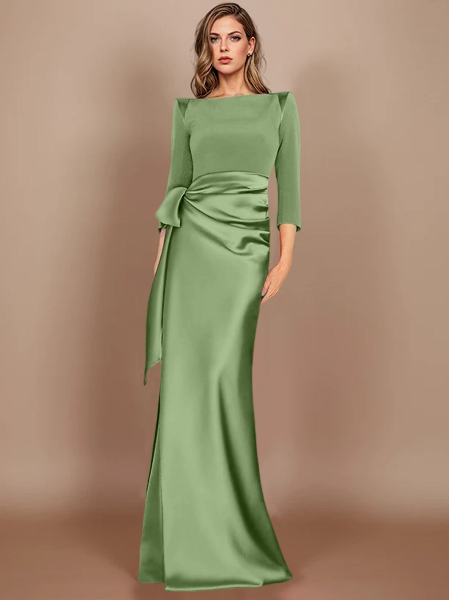 Column Scoop 3/4 Length Sleeves Floor-Length Mother of the Bride Dresses with Bow