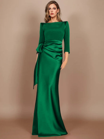 Column Scoop 3/4 Length Sleeves Floor-Length Mother of the Bride Dresses with Bow