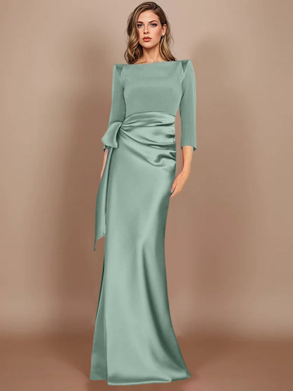 Column Scoop 3/4 Length Sleeves Floor-Length Mother of the Bride Dresses with Bow