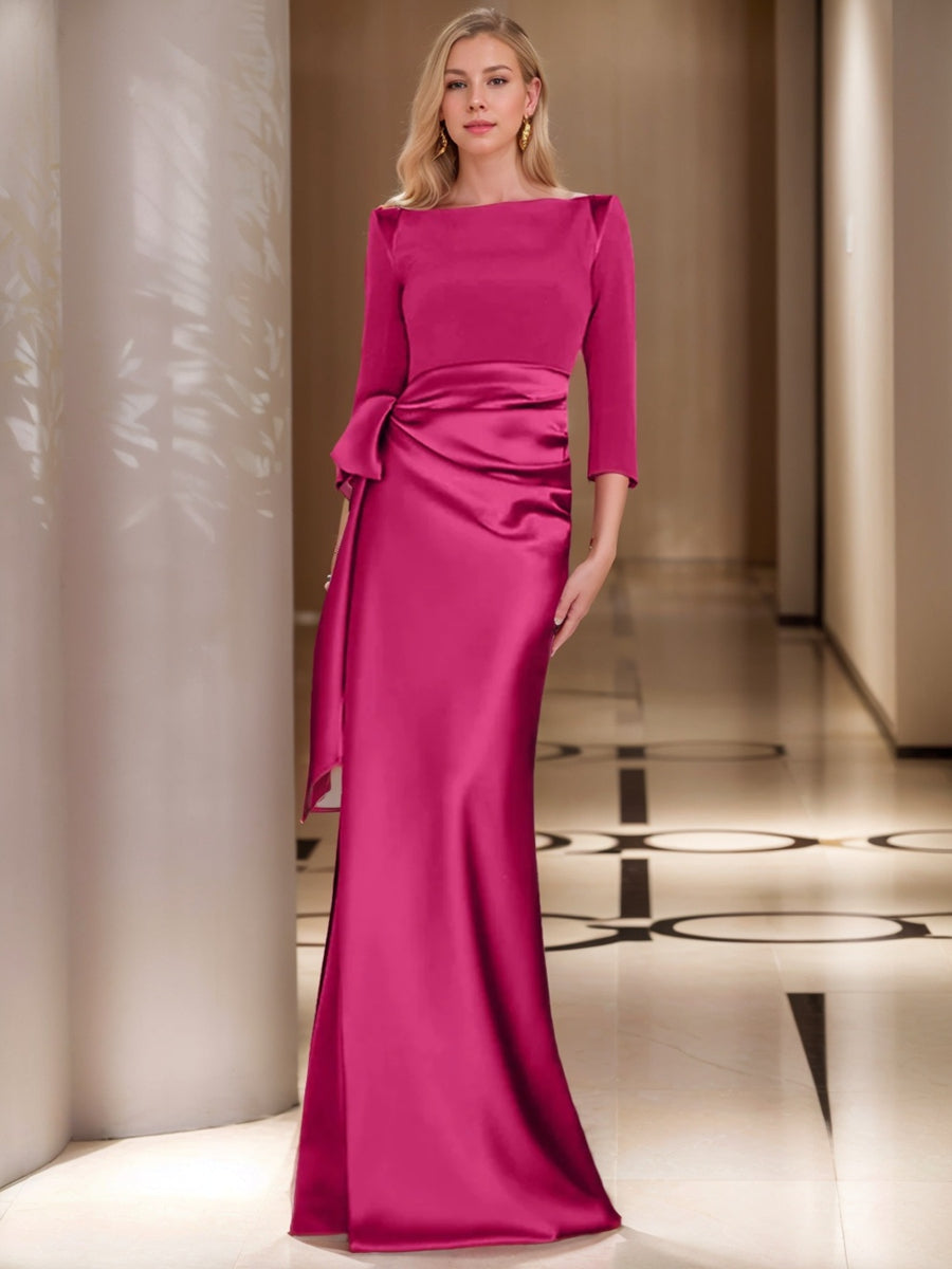 Column Scoop 3/4 Length Sleeves Floor-Length Mother of the Bride Dresses with Bow