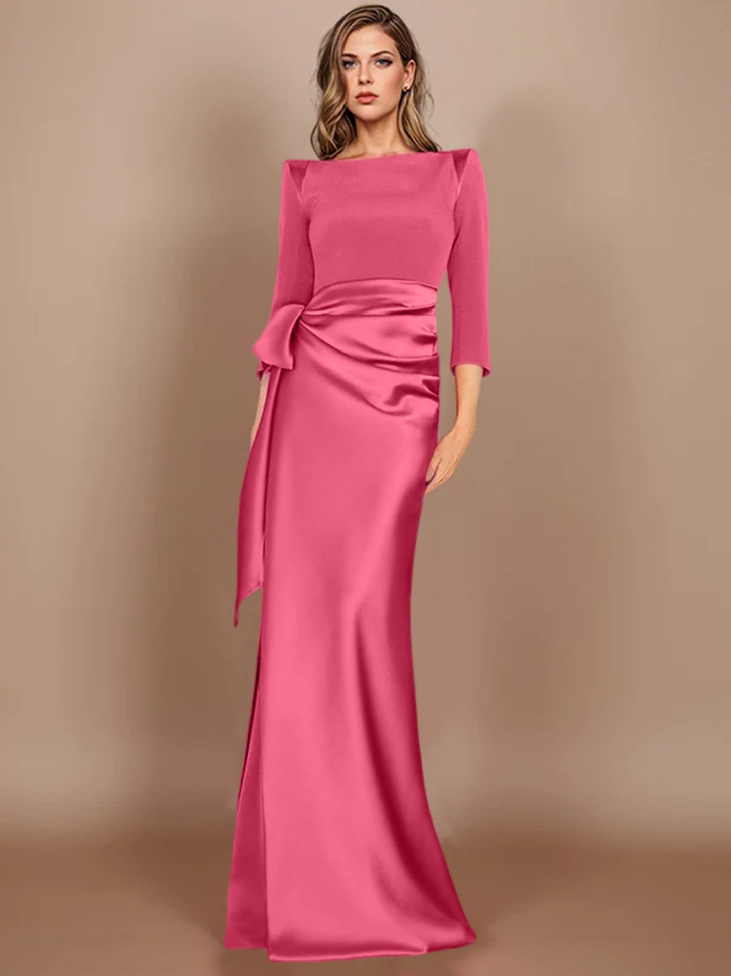 Column Scoop 3/4 Length Sleeves Floor-Length Mother of the Bride Dresses with Bow