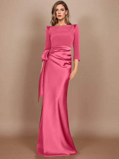 Column Scoop 3/4 Length Sleeves Floor-Length Mother of the Bride Dresses with Bow