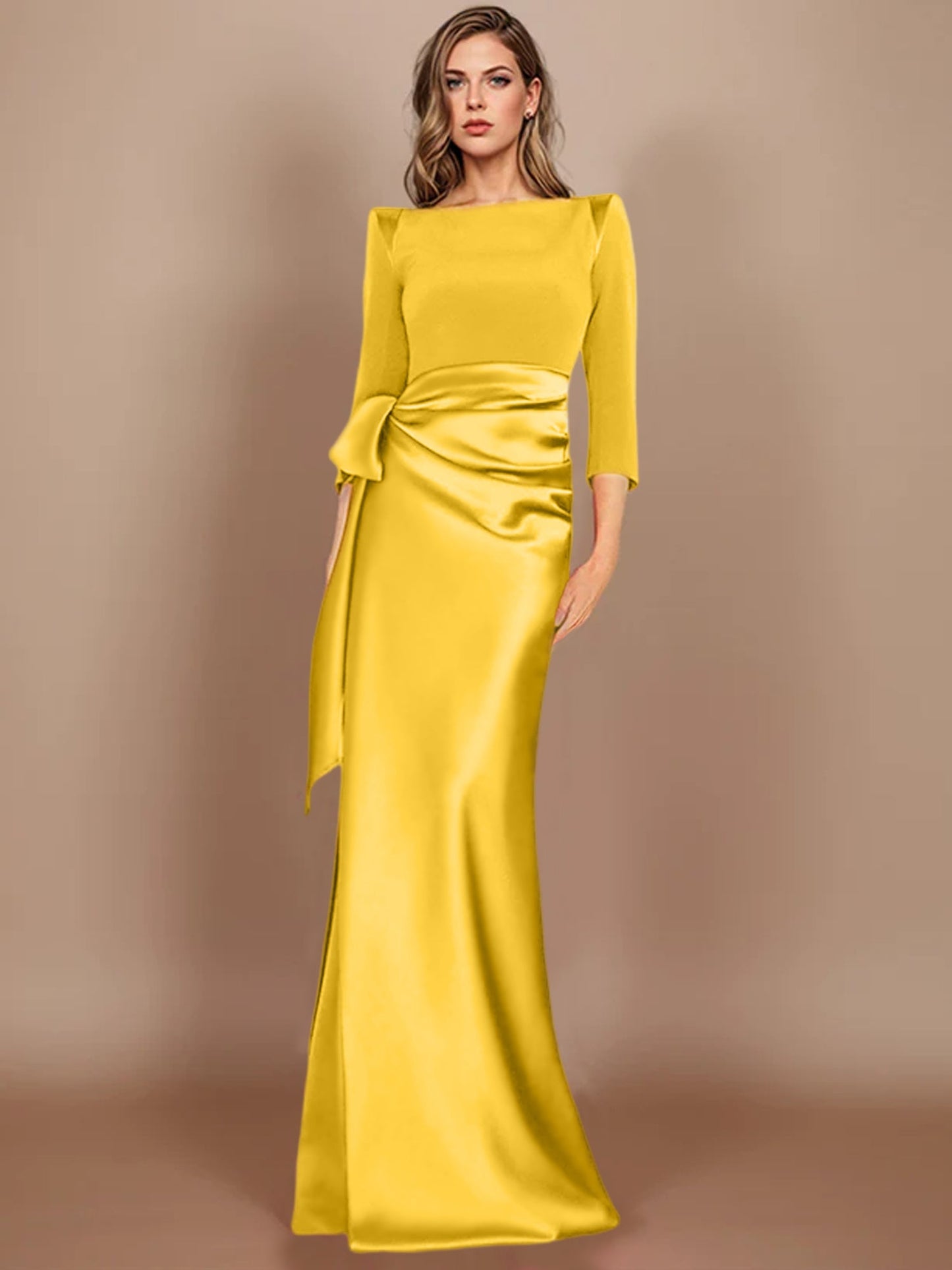 Column Scoop 3/4 Length Sleeves Floor-Length Mother of the Bride Dresses with Bow