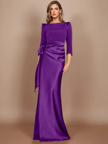 Column Scoop 3/4 Length Sleeves Floor-Length Mother of the Bride Dresses with Bow