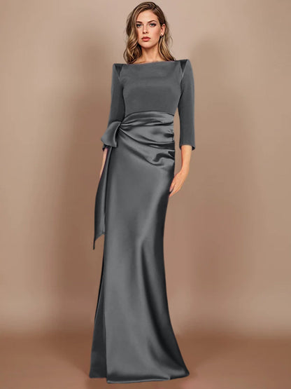 Column Scoop 3/4 Length Sleeves Floor-Length Mother of the Bride Dresses with Bow