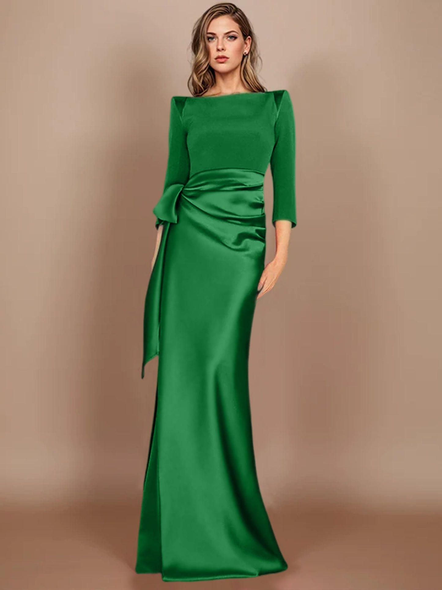 Column Scoop 3/4 Length Sleeves Floor-Length Mother of the Bride Dresses with Bow