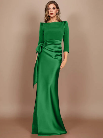 Column Scoop 3/4 Length Sleeves Floor-Length Mother of the Bride Dresses with Bow