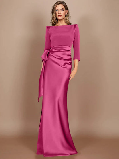 Column Scoop 3/4 Length Sleeves Floor-Length Mother of the Bride Dresses with Bow
