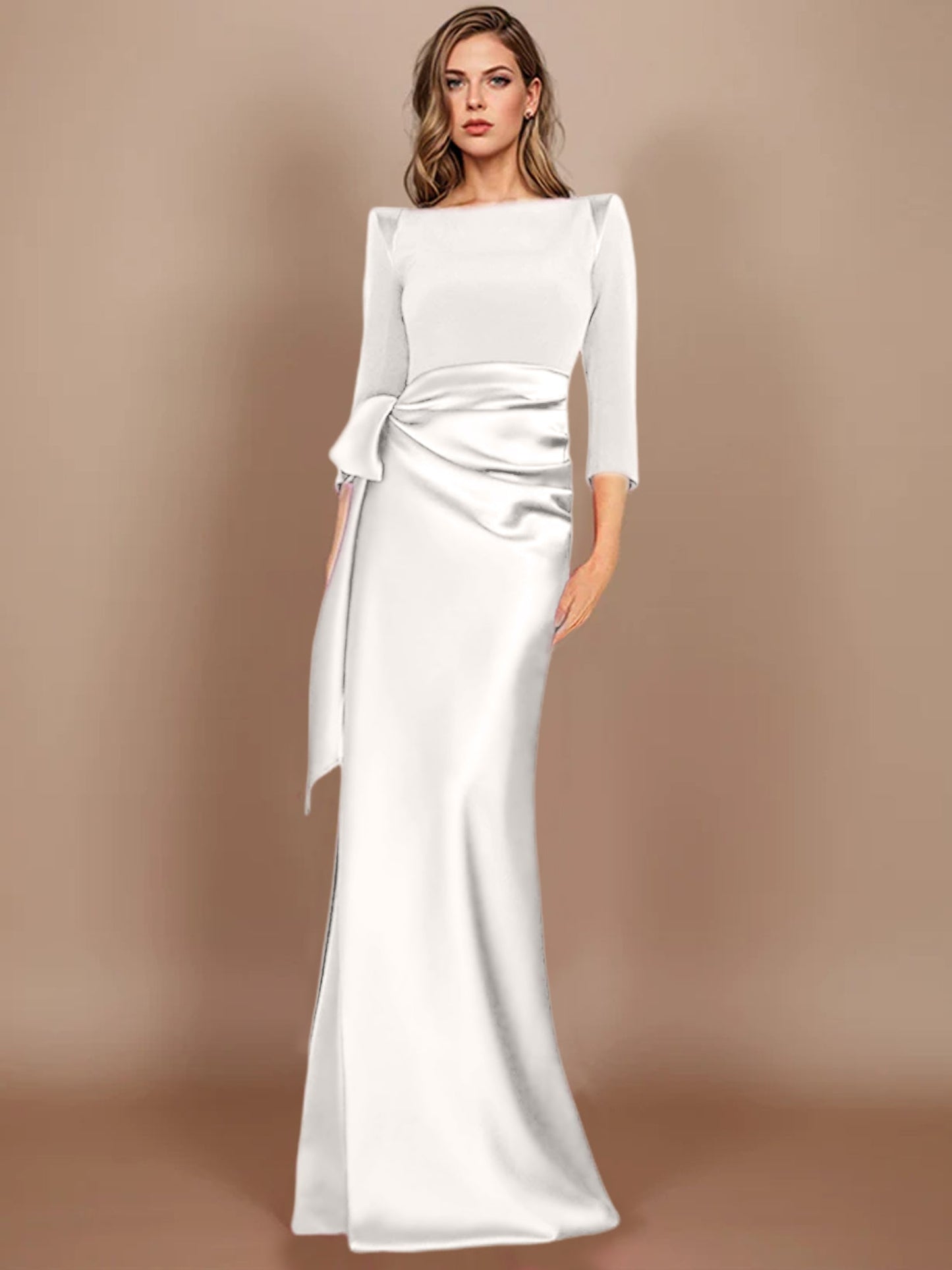 Column Scoop 3/4 Length Sleeves Floor-Length Mother of the Bride Dresses with Bow