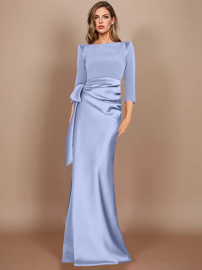 Column Scoop 3/4 Length Sleeves Floor-Length Mother of the Bride Dresses with Bow