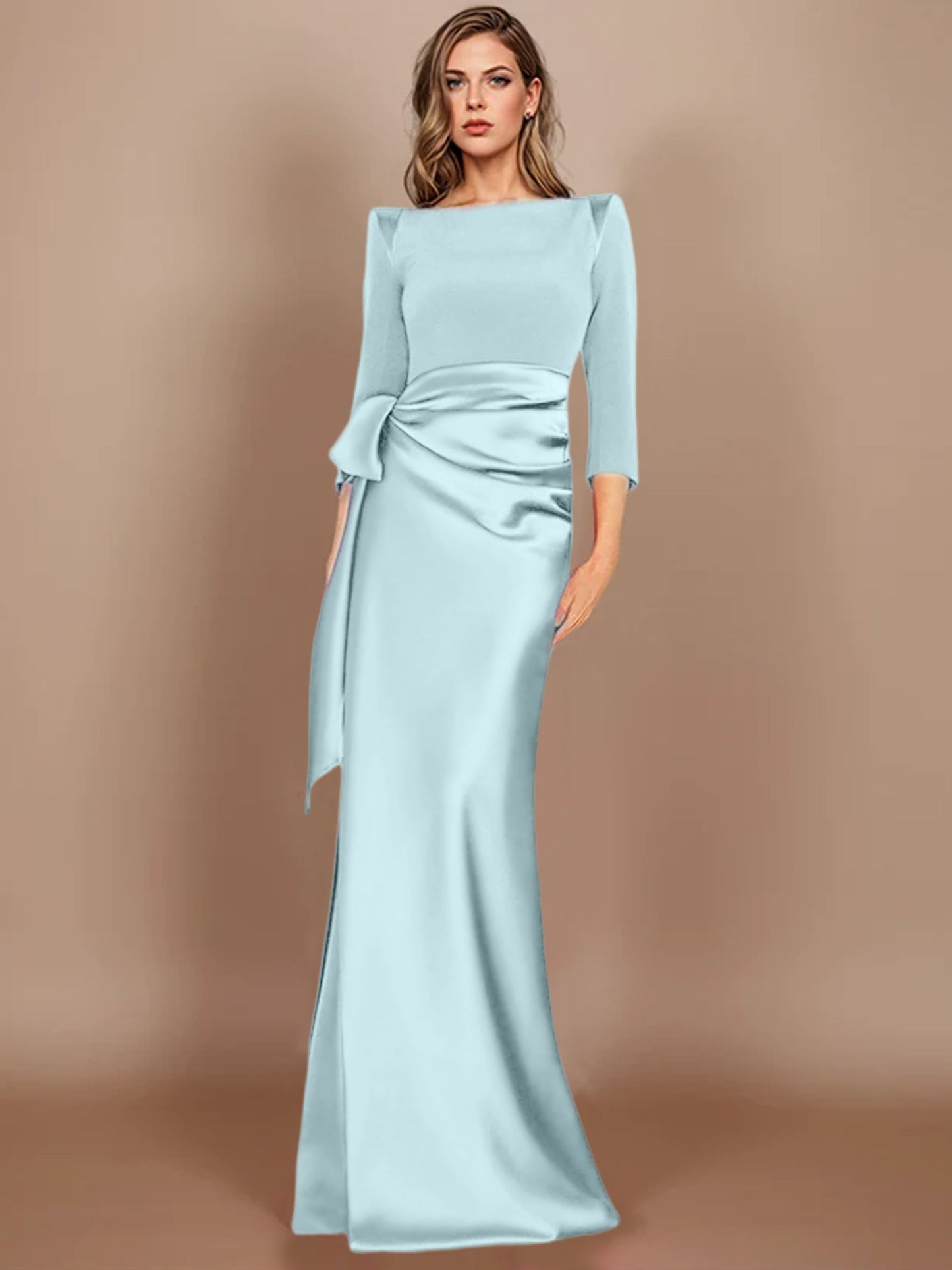 Column Scoop 3/4 Length Sleeves Floor-Length Mother of the Bride Dresses with Bow