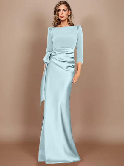 Column Scoop 3/4 Length Sleeves Floor-Length Mother of the Bride Dresses with Bow