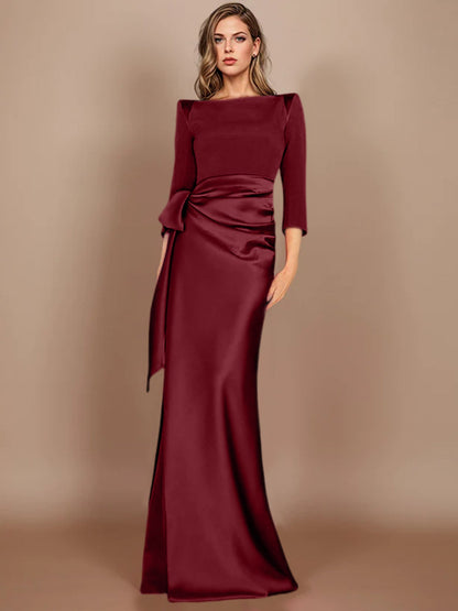 Column Scoop 3/4 Length Sleeves Floor-Length Mother of the Bride Dresses with Bow