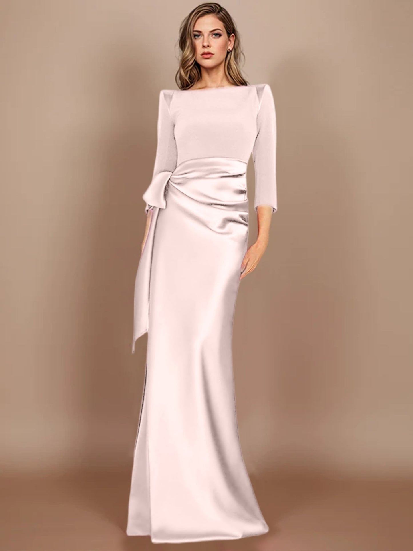 Column Scoop 3/4 Length Sleeves Floor-Length Mother of the Bride Dresses with Bow