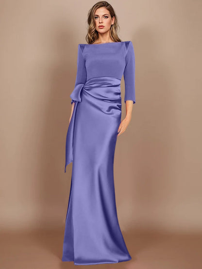 Column Scoop 3/4 Length Sleeves Floor-Length Mother of the Bride Dresses with Bow
