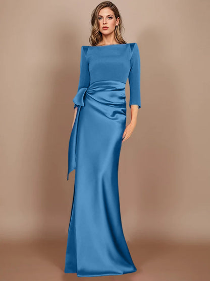 Column Scoop 3/4 Length Sleeves Floor-Length Mother of the Bride Dresses with Bow