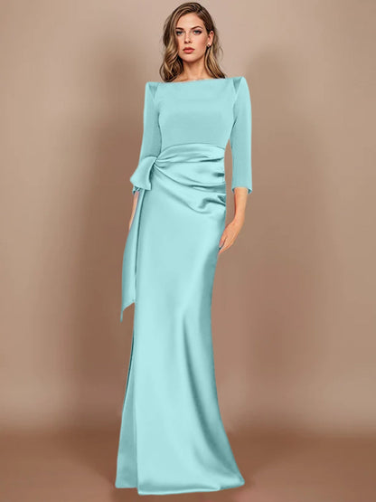 Column Scoop 3/4 Length Sleeves Floor-Length Mother of the Bride Dresses with Bow