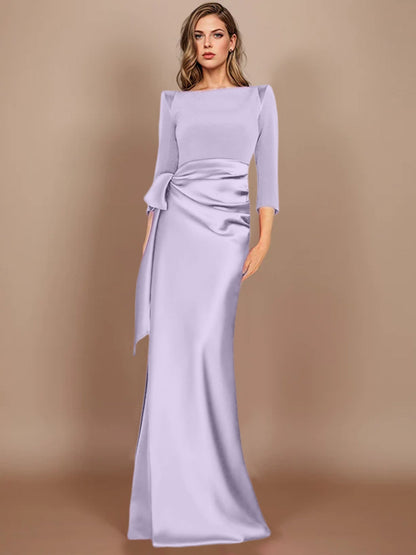 Column Scoop 3/4 Length Sleeves Floor-Length Mother of the Bride Dresses with Bow